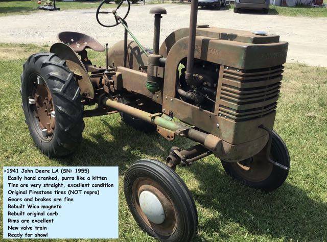 #TFS00025
1941 John Deere LA, SHOW & PARADE READY!
SN 1955
Mechanically Restored, Purrs!
$2500 LOCAL PICKUP ONLY